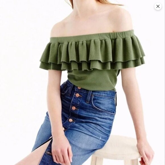 J. Crew Olive Green Off The Shoulder Sweater Top S - Picture 1 of 11